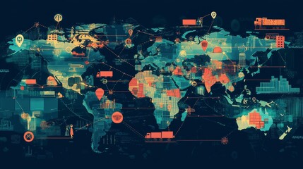 Poster - Global connectivity map showcasing trade routes digital world infographic design modern technology aerial view global economy
