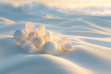 Poster - Seashells on a sandy beach at sunset, illuminated by warm light, evoke tranquility and summer vacation.  Showcase for travel or relaxation themes