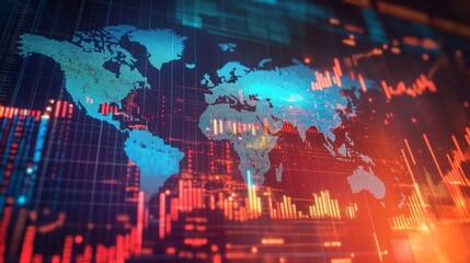 Poster - global financial trends analysis digital world map data visualization modern technology bird's eye v