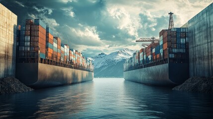 Poster - shipping containers amidst majestic mountains industrial landscape dramatic light aerial view global