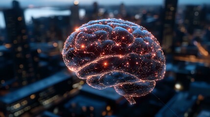 Poster - Glowing digital brain visualization floating over blurred city skyline at dusk, representing artificial intelligence, machine learning and cognitive technology.
