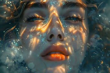 Poster - Ethereal female face with glowing orange lips and closed eyes surrounded by magical sparkles and light effects in dark blue mystical atmosphere.