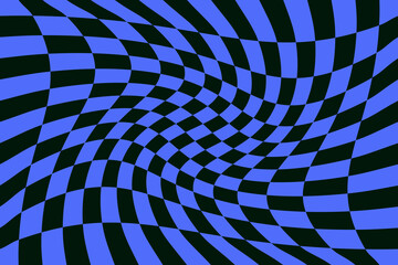 Poster - Wavy checkered pattern, wave cover design background. Abstract optical illusion with hypnotic effect. Grid in black and blue colors