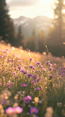 Aufkleber - Close-up of purple wildflowers in a sunlit field, showcasing a tranquil and serene natural scene, symbolizing peace, beauty, and the vibrant colors of nature