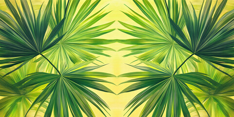 Aufkleber - Close-up of vibrant green palm leaves against a pale yellow background, creating a tropical and lush aesthetic, showcasing nature's vibrant beauty, ideal for summer themes or exotic designs