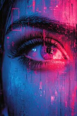 Poster - Futuristic close-up of an eye with digital glitch overlay in vibrant colors
