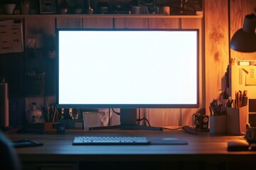 Aufkleber - Minimalistic workspace featuring sleek desktop monitor with bright screen and soft shadows in professional style during evening hours
