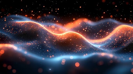 Poster - Glowing orange and blue waves flow through starry cosmic space, creating dynamic energy streams against dark background with luminous particles and bokeh effects.