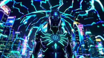 Poster - Futuristic Cybernetic Deity in Divine Presence with Neon Colors