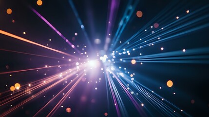 Poster - Vibrant light burst with radiating blue and pink beams against dark background, glowing particles and lens flares create dynamic cosmic effect.
