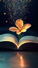 Poster - Magical glowing flower emerging from open book pages with sparkling light particles floating upward against dark background, creating ethereal reading atmosphere.