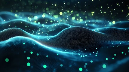 Aufkleber - glowing blue waves with floating green particles create dynamic motion effect against dark backgroun