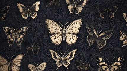 Poster - A dark wallpaper with a pattern of butterflies in shades of black and white and a subtle floral design