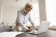© fizkes - Managing office paperwork. Focused older age businesswoman ceo executive in glasses standing by workplace desk type on notebook answering email check information review electronic document browse web