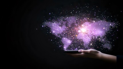 Poster - Glowing purple world map constellation floating above open palm against dark background, stars and nebula effects create magical atmosphere.