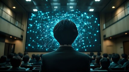 Poster - Back view of Asian businessman watching glowing network visualization on screen in dark conference hall, audience silhouettes in foreground.