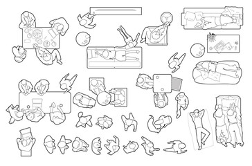 architectural drawings, people plan vector in park out door illustration, top view, minimal style ha