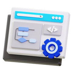 Poster - Algorithm concept with turning blue gear and 3D website icon, suitable for technology, data analysis, digital innovation, programming, and AI designs