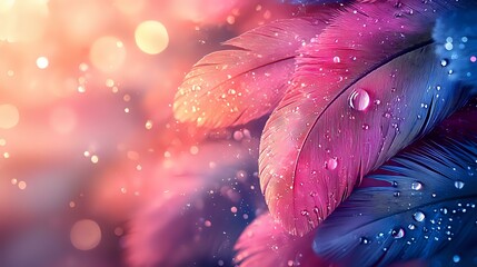 Poster - Delicate feathers with water drops in pink and blue tones against blurred bokeh background create dreamy, ethereal atmosphere for romantic designs.