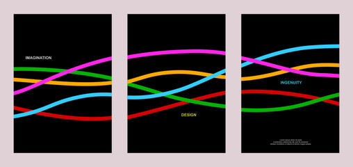 Poster - Abstract wave line poster background. Set cover card with colored wavy lines. Modern gradient texture. Banner, cover, wallpaper pattern - vector