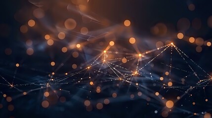 Poster - Abstract network of glowing orange dots connected by light lines against dark background with bokeh effect, creating futuristic technology visualization.