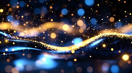 Poster - Magical glowing waves with golden and blue bokeh lights on dark background create dreamy abstract pattern for festive designs and celebrations.