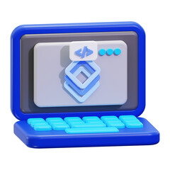Poster - Full stack development 3d render of a laptop with coding symbols, perfect for tech articles, web design resources, programming concepts