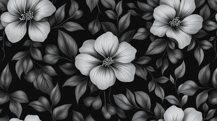 Poster - Monochrome floral pattern with white flowers and leaves on a dark black background in a seamless design