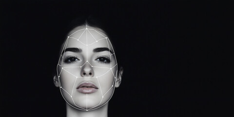 Poster - Facial Recognition Technology: A striking depiction of a woman's face, overlaid with the geometric grid of facial recognition software.