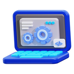Poster - Blue 3D laptop with code and gears for web development concept. Suitable for web design and development presentations or projects