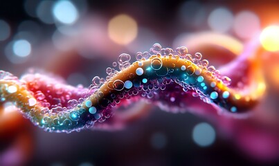 Poster - glowing dna strand with colorful illuminated particles and bokeh effects on dark background, abstrac