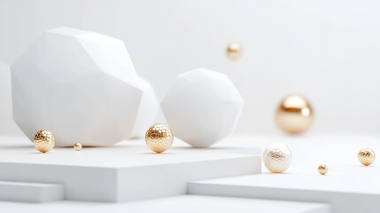 Poster - Geometric shapes and golden spheres on a white surface creating a minimalist composition scene