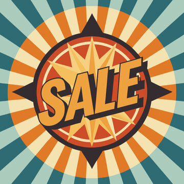Retro sale sign featuring bold text on a vibrant sunburst background, evoking a nostalgic shopping atmosphere.