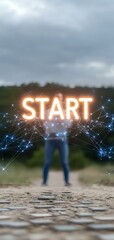 Poster - Glowing orange START text with network connections floating above blurred person standing on path, dramatic cloudy sky background. For motivation and business concepts.
