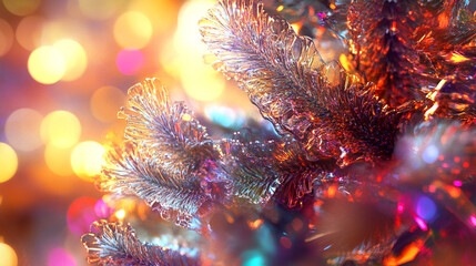 Poster - A close up of a christmas tree branch with bokeh lights in the background creating a festive mood