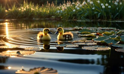 Poster - Two ducklings swim among lily pads in a serene pond at sunset.