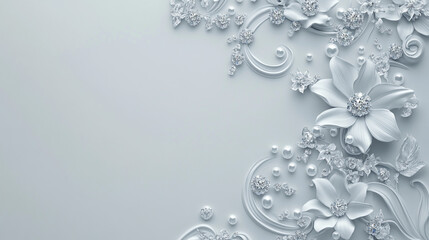 Poster - Elegant white floral design with pearls and diamonds on a light gray background top right corner
