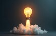 © Vadym - Creative light bulb rocket takes off from clouds on dark background. Concept of successful start up launch. Smart ideas, creative thinking in business. Innovation, progress in tech.