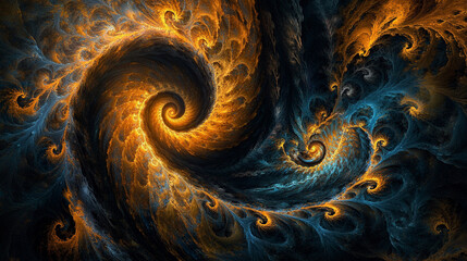 Poster - A mesmerizing fractal art depicting swirling spirals in shades of gold, blue, and dark tones of black