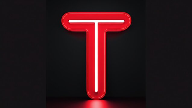 Neon letter T glowing brightly against a solid black background