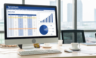 Poster - spreadsheet document information financial startup concept. data and graphs in spreadsheet documents