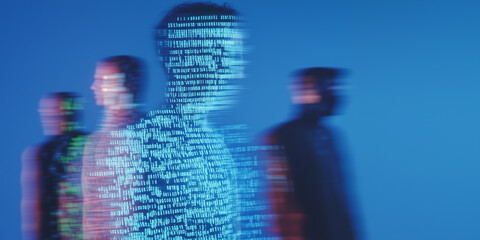 Poster - digital era's algorithm: a unique image featuring figures composed of code and data, personifying th