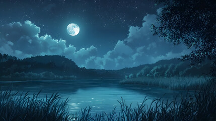 Wall Mural - Tranquil Moonlight Lake: A serene scene of a calm lake reflecting the soft glow of a full moon amidst a dark, starry night, evoking a sense of peace. 