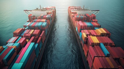 Poster - container ships maneuvering in busy port aerial view maritime transport oceanic environment industry