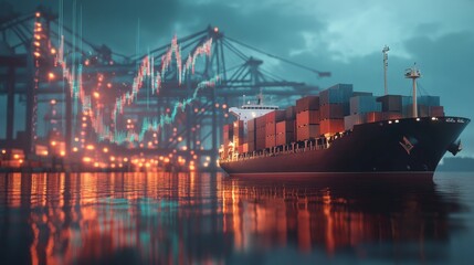 Poster - Shipping industry growth container ship at port business insights urban landscape night view economic trends