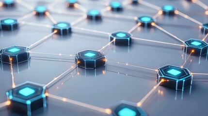 Poster - Abstract blockchain network with glowing blue nodes connected by light lines. Digital decentralized technology concept.