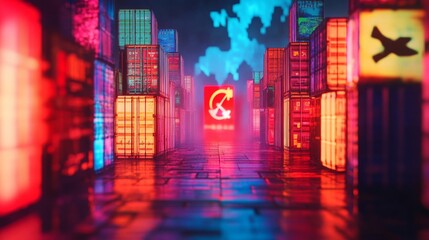 Poster - Neon-lit urban landscape futuristic city digital art nighttime wide angle cyberpunk aesthetic for seo impact