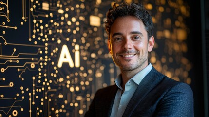 Poster - Confident businessman standing in front of a glowing AI-themed circuit board background, representing artificial intelligence in business and technology.