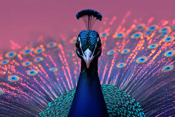 Poster - Majestic Peacock's Radiance: Captivating close-up captures the breathtaking elegance of a peacock with vibrant feathers fully fanned, set against a soft-hued backdrop.