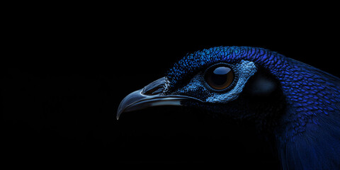 Poster - Majestic Peacock Profile: A stunning portrait of a peacock, showcasing its iridescent blue feathers and captivating eye, set against a dramatic, dark backdrop.
